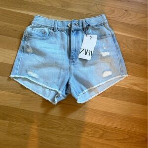 Zara Light Blue Distressed Denim High-Waist Shorts